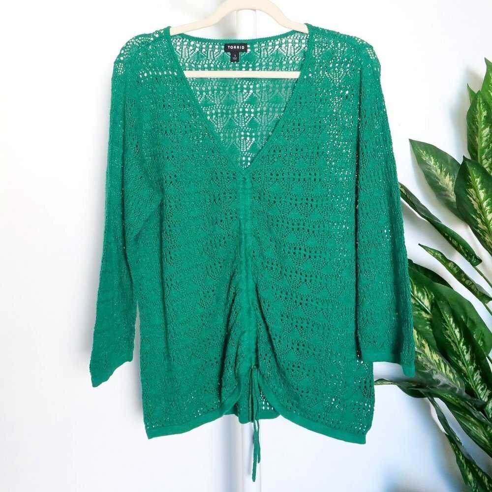 Torrid Green Crochet Open Stitch Pullover V-Neck Cinched Front Sweater / Top 1x - Picture 7 of 12